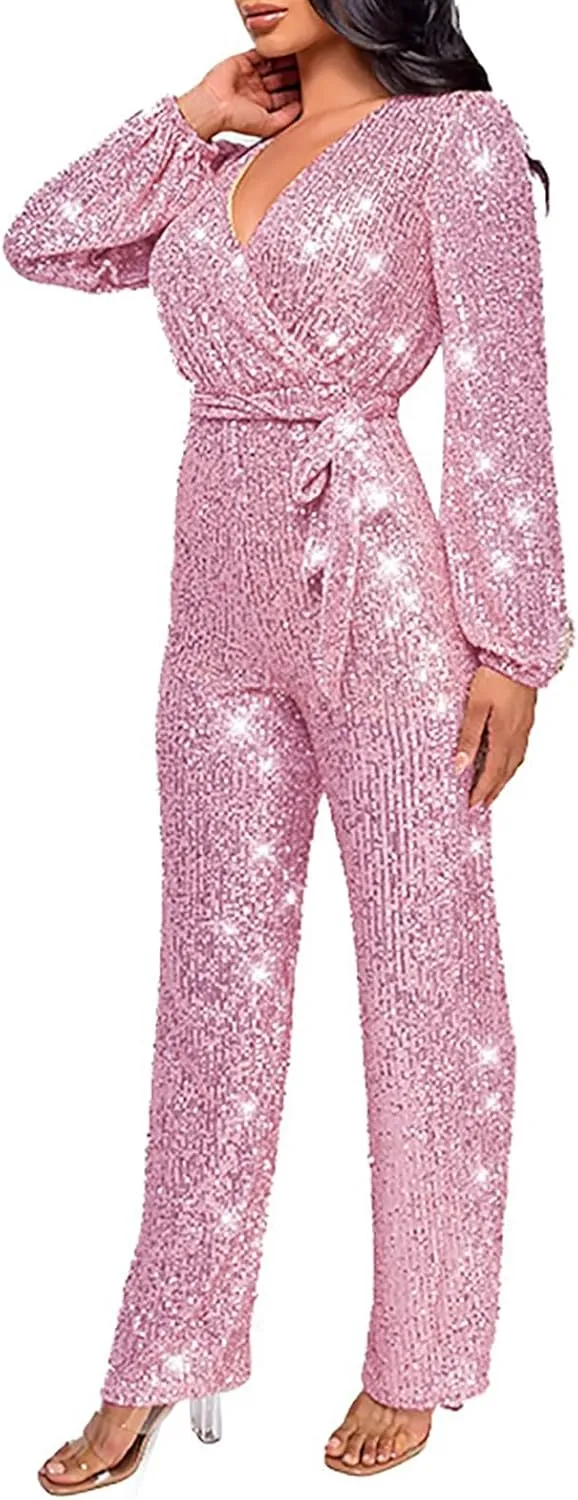 Sparkly Jumpsuits for Women Dressy Formal Plus Size Long Sleeve Sequin Party Rompers Sexy V Neck Wide Leg Pants Suit