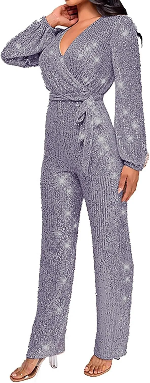 Sparkly Jumpsuits for Women Dressy Formal Plus Size Long Sleeve Sequin Party Rompers Sexy V Neck Wide Leg Pants Suit