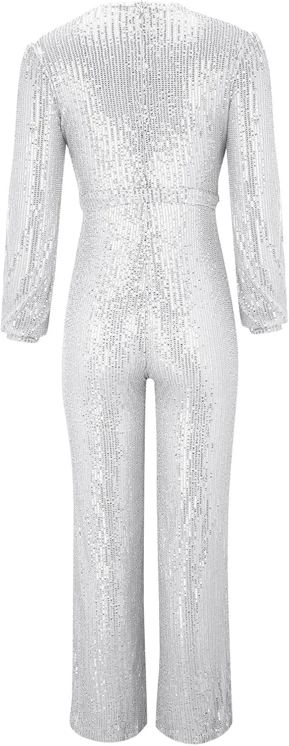 Sparkly Jumpsuits for Women Dressy Formal Plus Size Long Sleeve Sequin Party Rompers Sexy V Neck Wide Leg Pants Suit