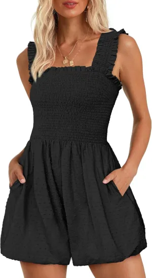 Summer Rompers for Women Casual Sleeveless Ruffle Straps Short Jumpsuits Solid Bubble One Piece Outfits 2025