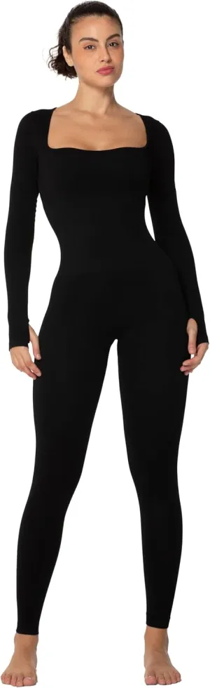 Sunzel Long Sleeve Bodysuits One Piece Jumpsuit for Women with Square Neck and Butt Scrunch Leggings Seamless Ribbed Rompers