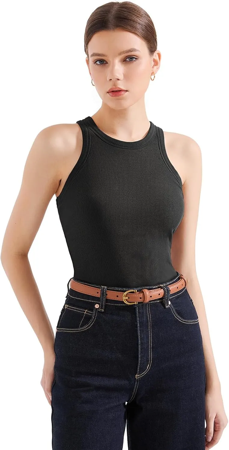 SUUKSESS Women Padded Cotton Ribbed Tank Tops 2025 High Neck Racerback Basic Tops