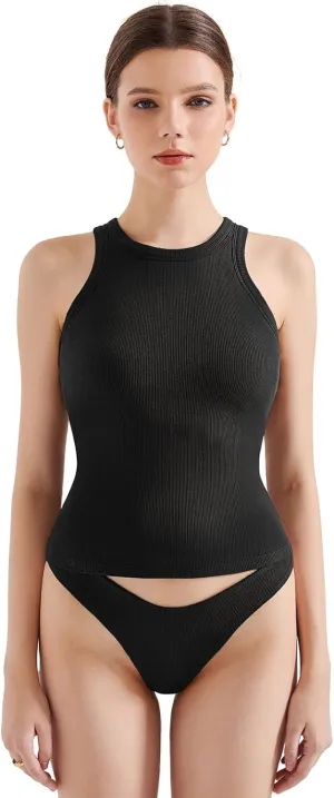 SUUKSESS Women Padded Cotton Ribbed Tank Tops 2025 High Neck Racerback Basic Tops
