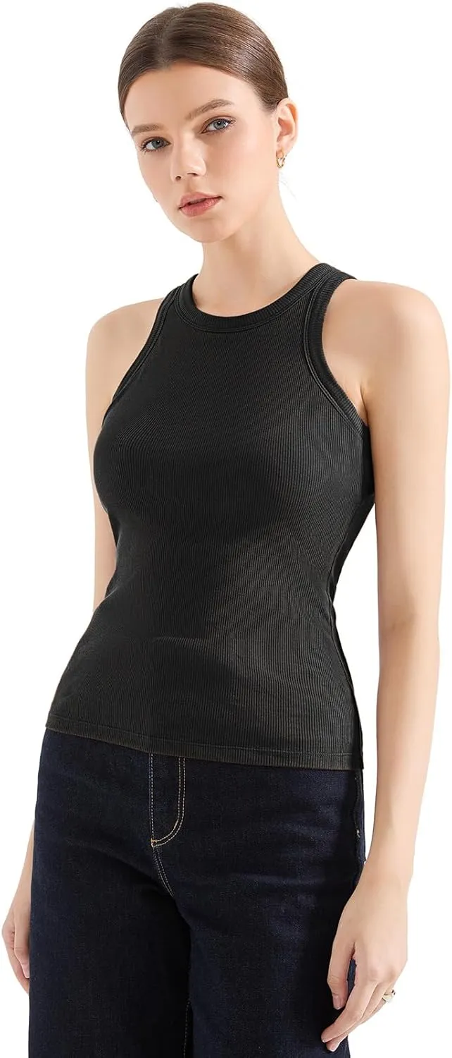 SUUKSESS Women Padded Cotton Ribbed Tank Tops 2025 High Neck Racerback Basic Tops