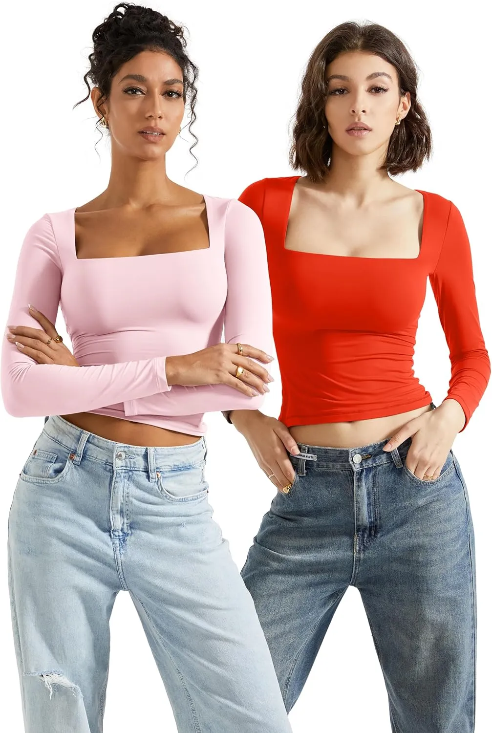 SUUKSESS Women Square Neck Long Sleeve Tops Double Lined Going Out T Shirts