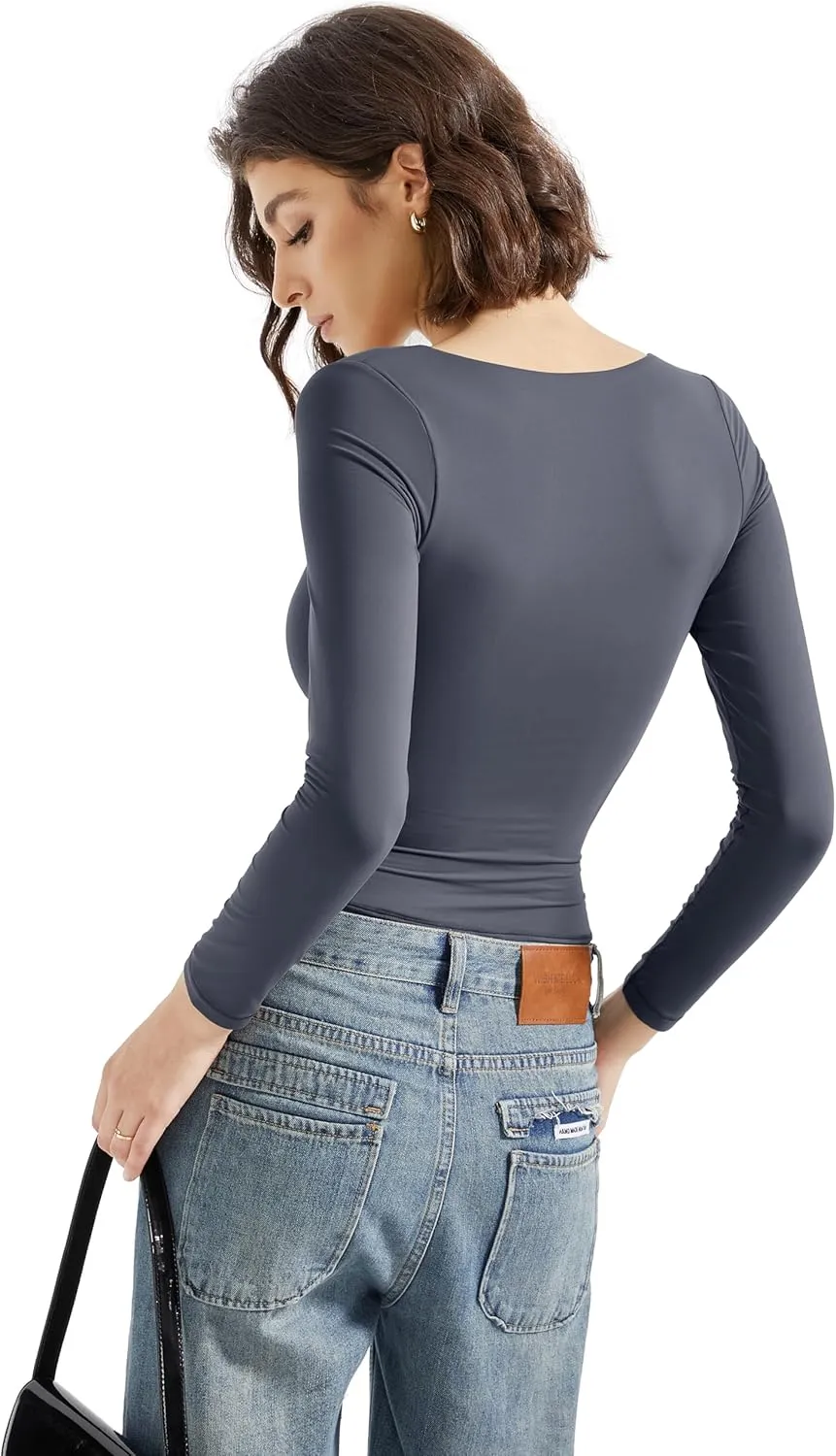 SUUKSESS Women Square Neck Long Sleeve Tops Double Lined Going Out T Shirts