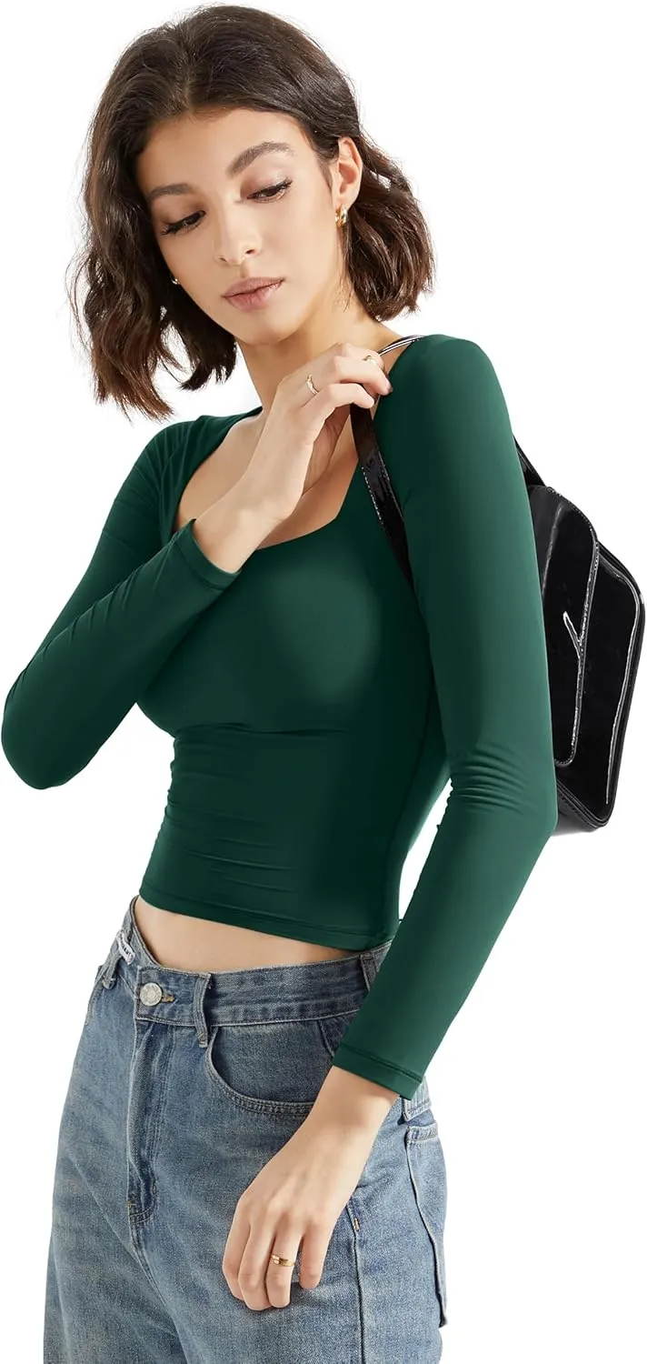SUUKSESS Women Square Neck Long Sleeve Tops Double Lined Going Out T Shirts