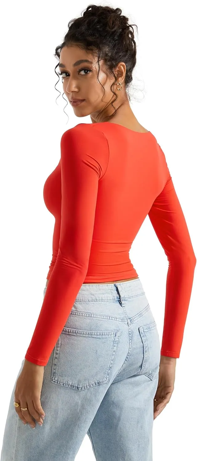 SUUKSESS Women Square Neck Long Sleeve Tops Double Lined Going Out T Shirts