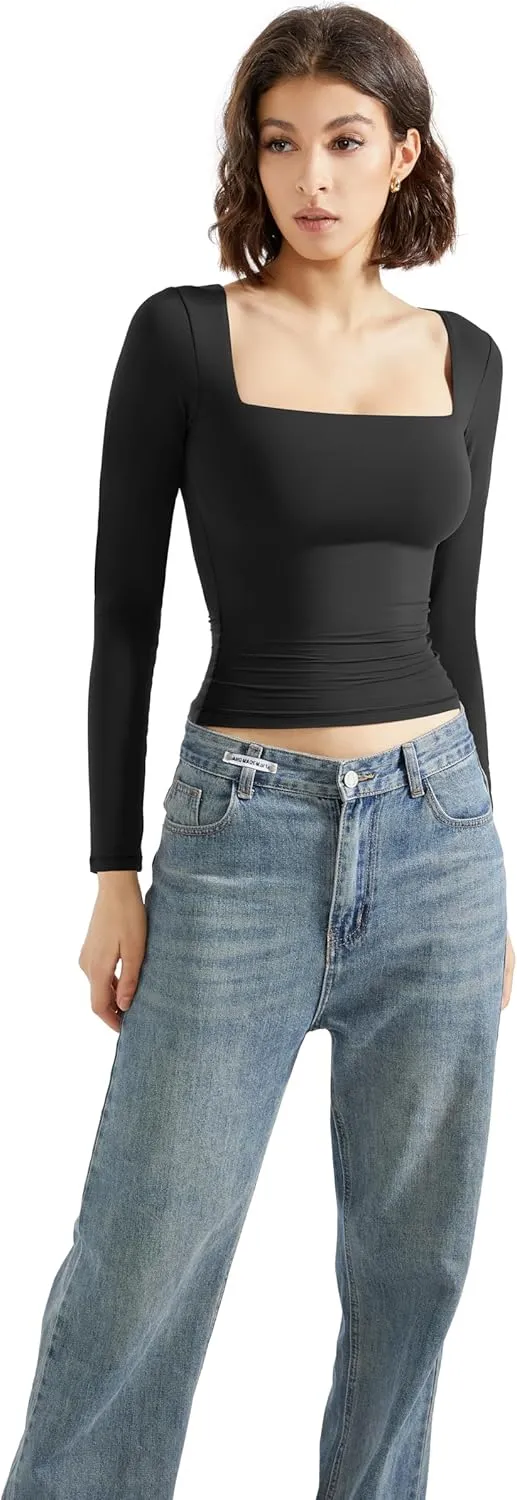 SUUKSESS Women Square Neck Long Sleeve Tops Double Lined Going Out T Shirts