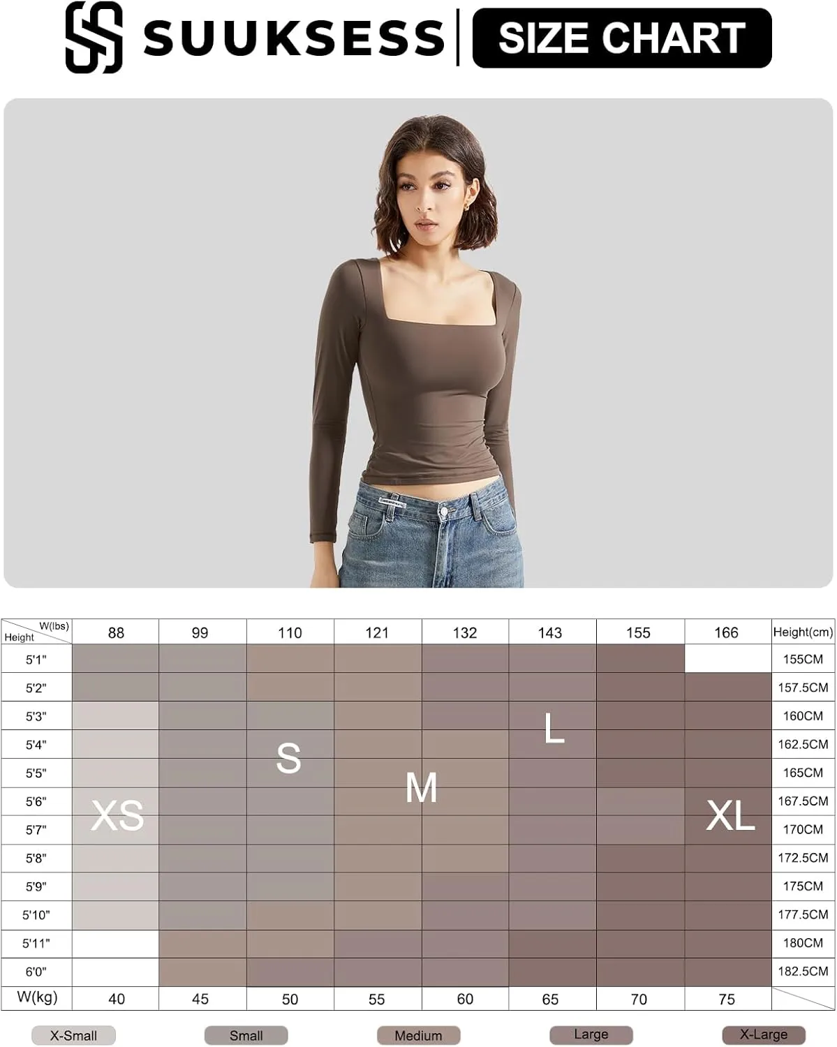 SUUKSESS Women Square Neck Long Sleeve Tops Double Lined Going Out T Shirts