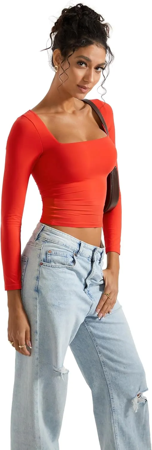 SUUKSESS Women Square Neck Long Sleeve Tops Double Lined Going Out T Shirts