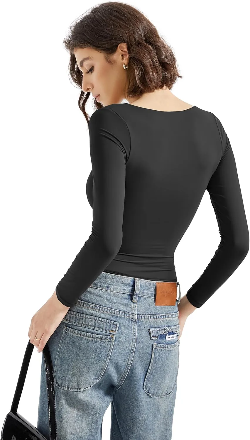 SUUKSESS Women Square Neck Long Sleeve Tops Double Lined Going Out T Shirts