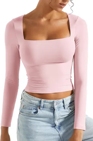 SUUKSESS Women Square Neck Long Sleeve Tops Double Lined Going Out T Shirts