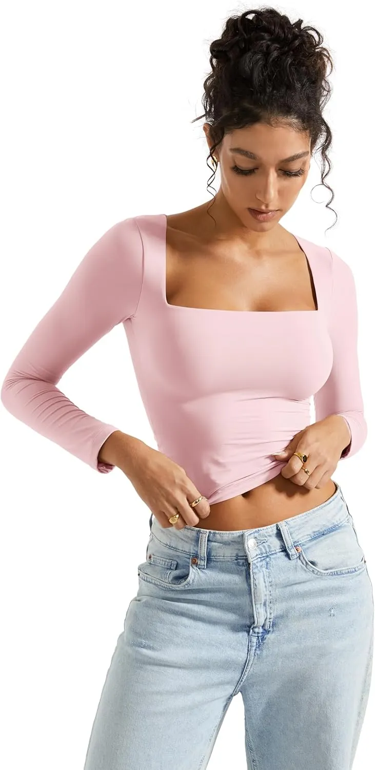SUUKSESS Women Square Neck Long Sleeve Tops Double Lined Going Out T Shirts
