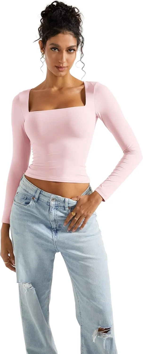SUUKSESS Women Square Neck Long Sleeve Tops Double Lined Going Out T Shirts