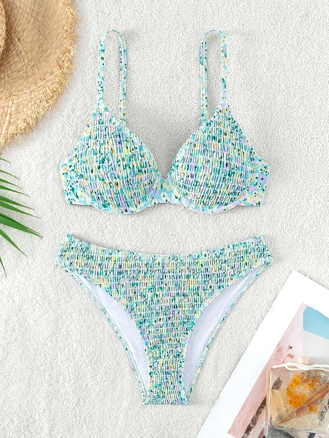 SweatyRocks Women's 2 Piece Bikini Sets Ditsy Floral Spaghetti Strap Swimsuit High Cut Bathing Suit