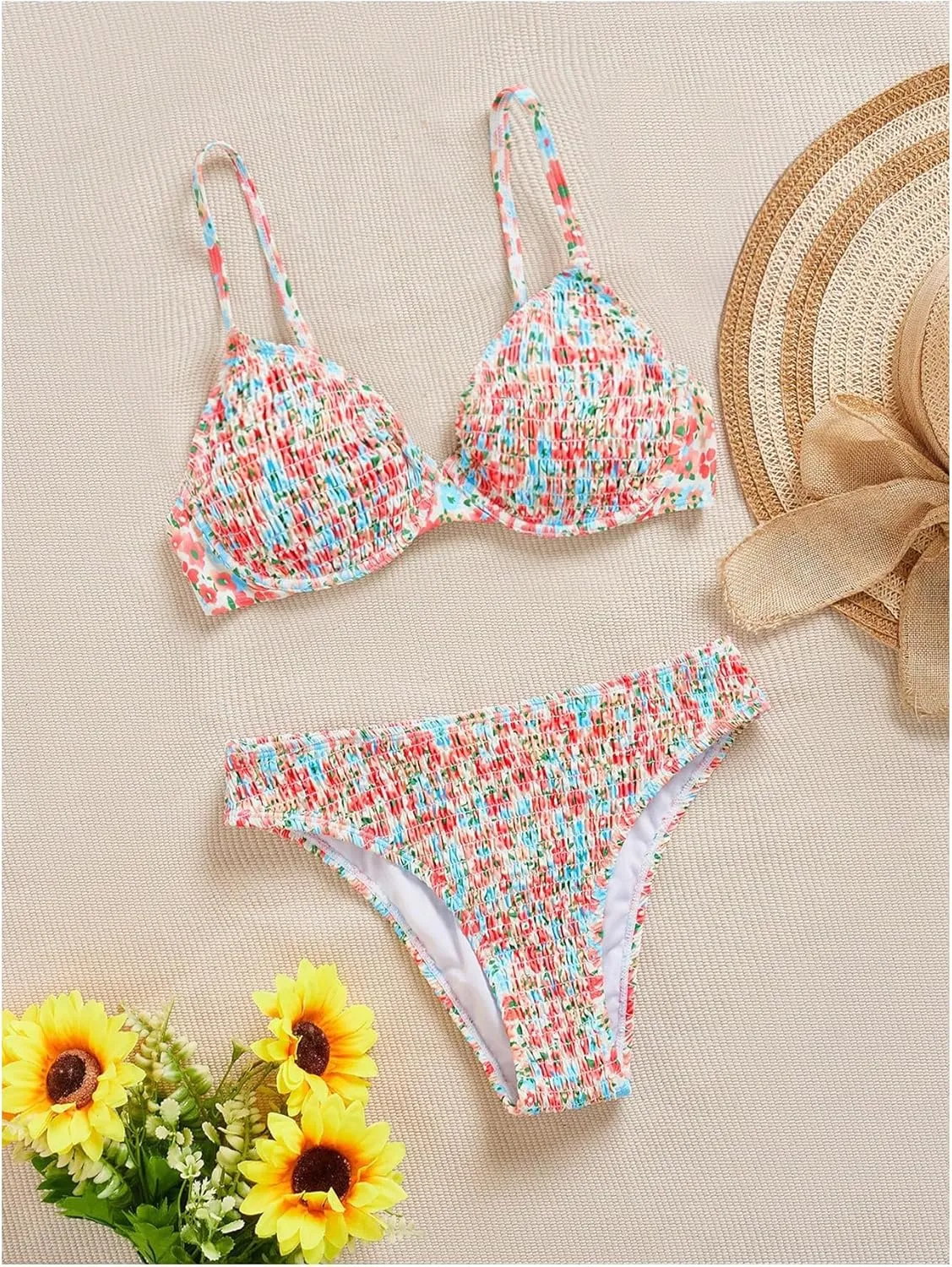 SweatyRocks Women's 2 Piece Bikini Sets Ditsy Floral Spaghetti Strap Swimsuit High Cut Bathing Suit