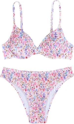 SweatyRocks Women's 2 Piece Bikini Sets Ditsy Floral Spaghetti Strap Swimsuit High Cut Bathing Suit