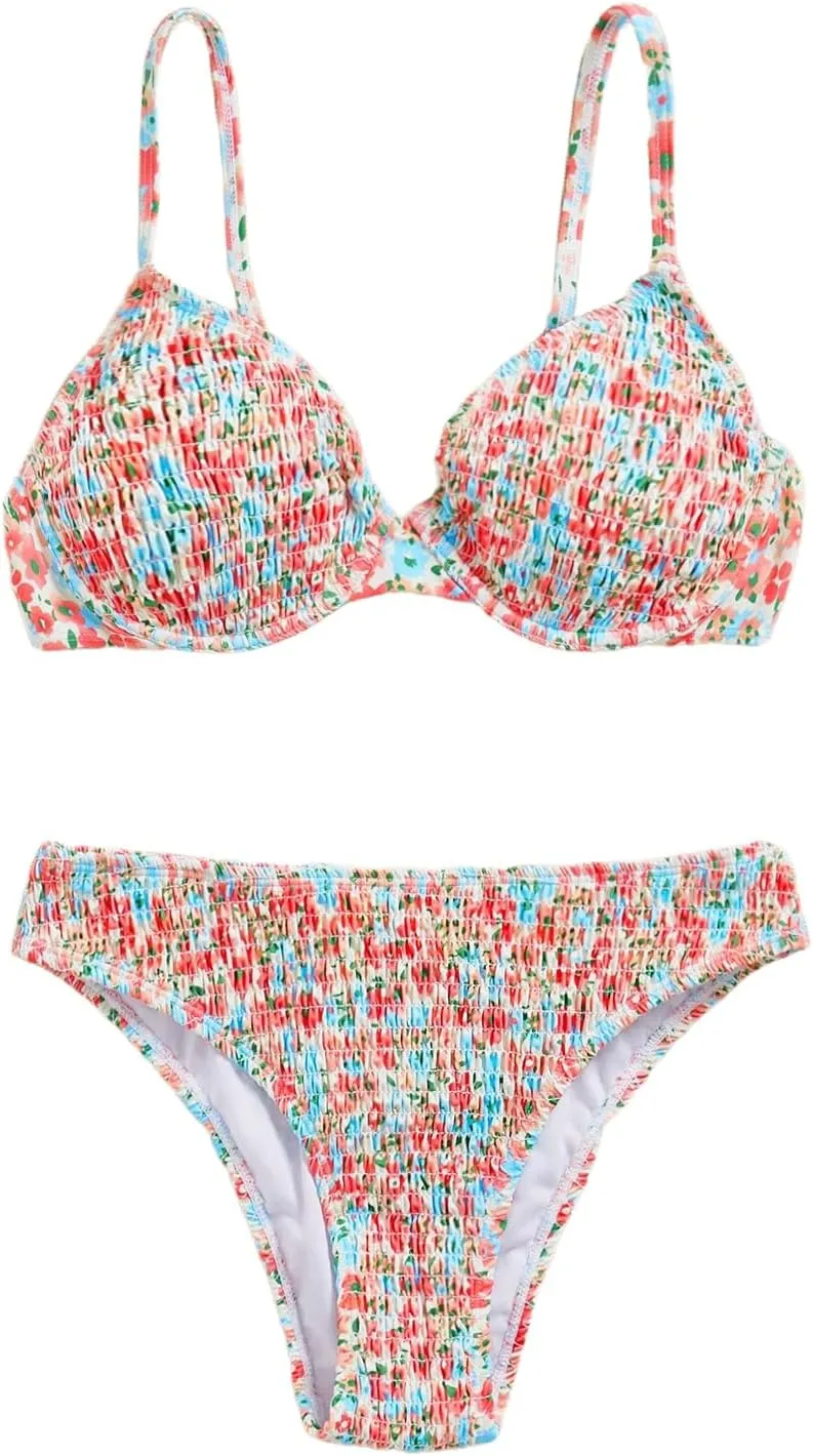 SweatyRocks Women's 2 Piece Bikini Sets Ditsy Floral Spaghetti Strap Swimsuit High Cut Bathing Suit