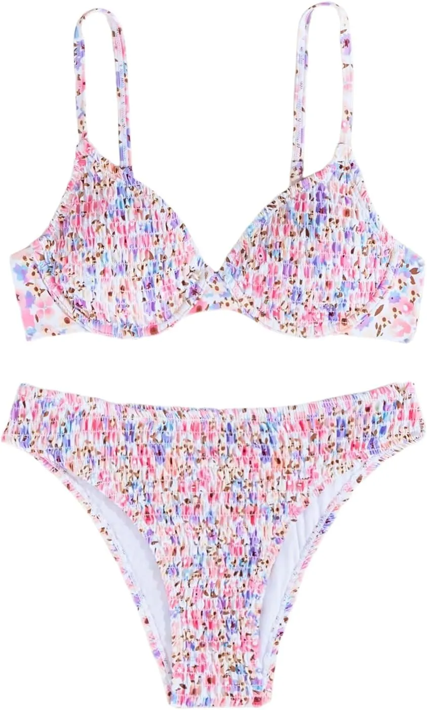 SweatyRocks Women's 2 Piece Bikini Sets Ditsy Floral Spaghetti Strap Swimsuit High Cut Bathing Suit