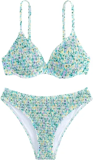 SweatyRocks Women's 2 Piece Bikini Sets Ditsy Floral Spaghetti Strap Swimsuit High Cut Bathing Suit