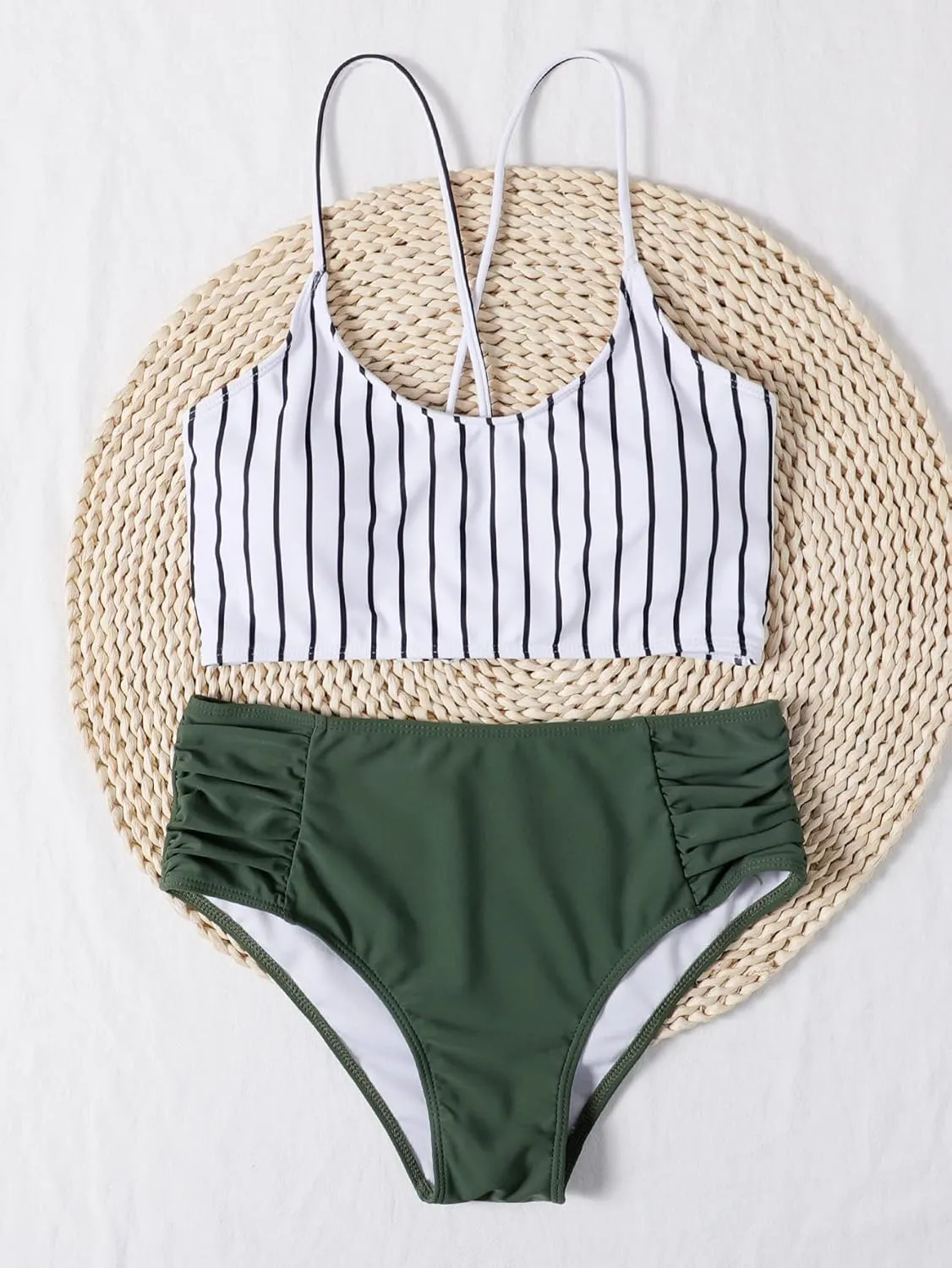 SweatyRocks Women's Bathing Suits Striped Criss Cross Bikini Set High Waisted Swimsuits