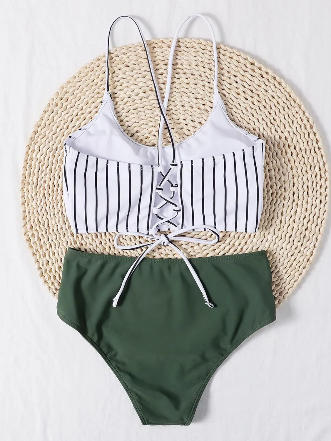 SweatyRocks Women's Bathing Suits Striped Criss Cross Bikini Set High Waisted Swimsuits