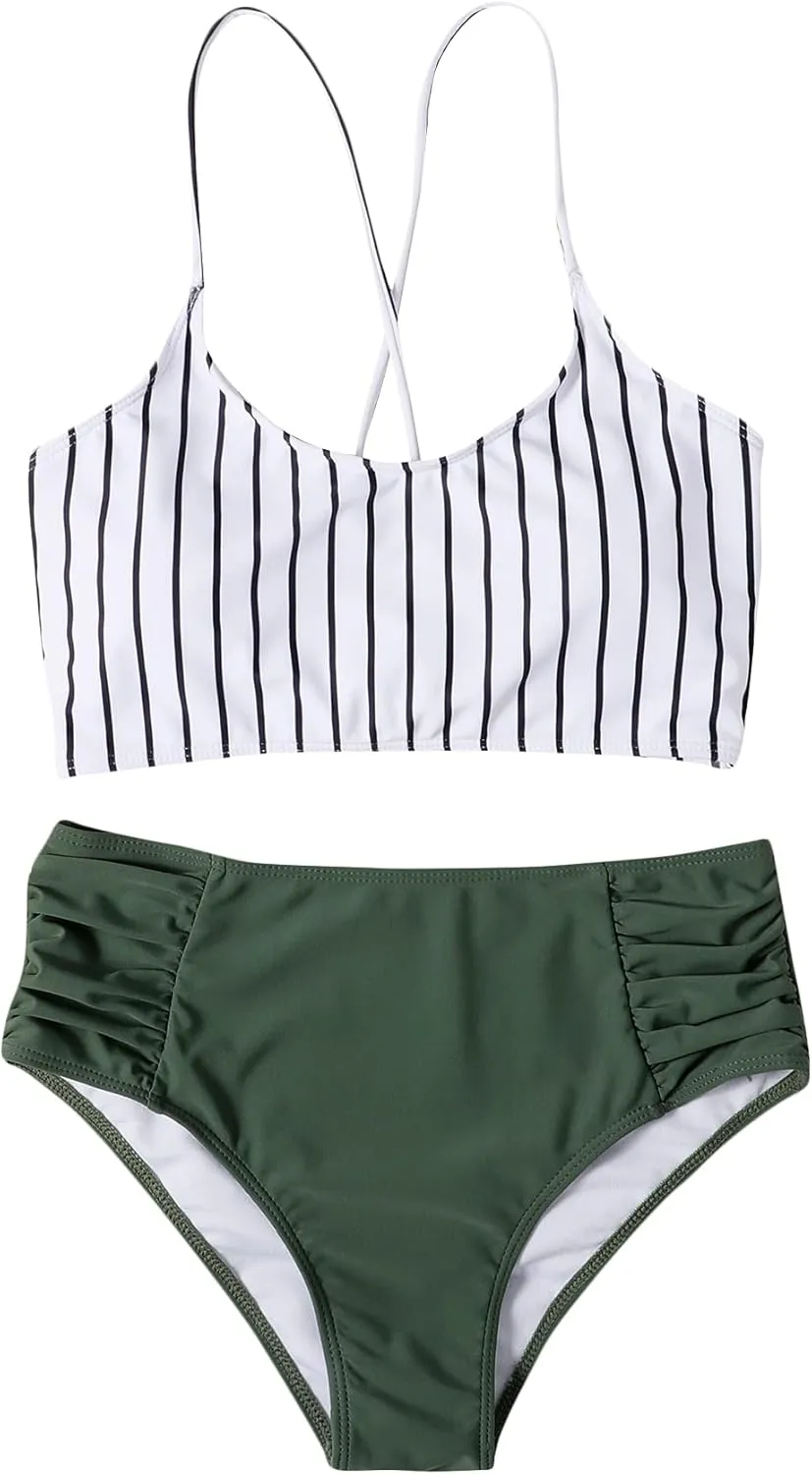 SweatyRocks Women's Bathing Suits Striped Criss Cross Bikini Set High Waisted Swimsuits