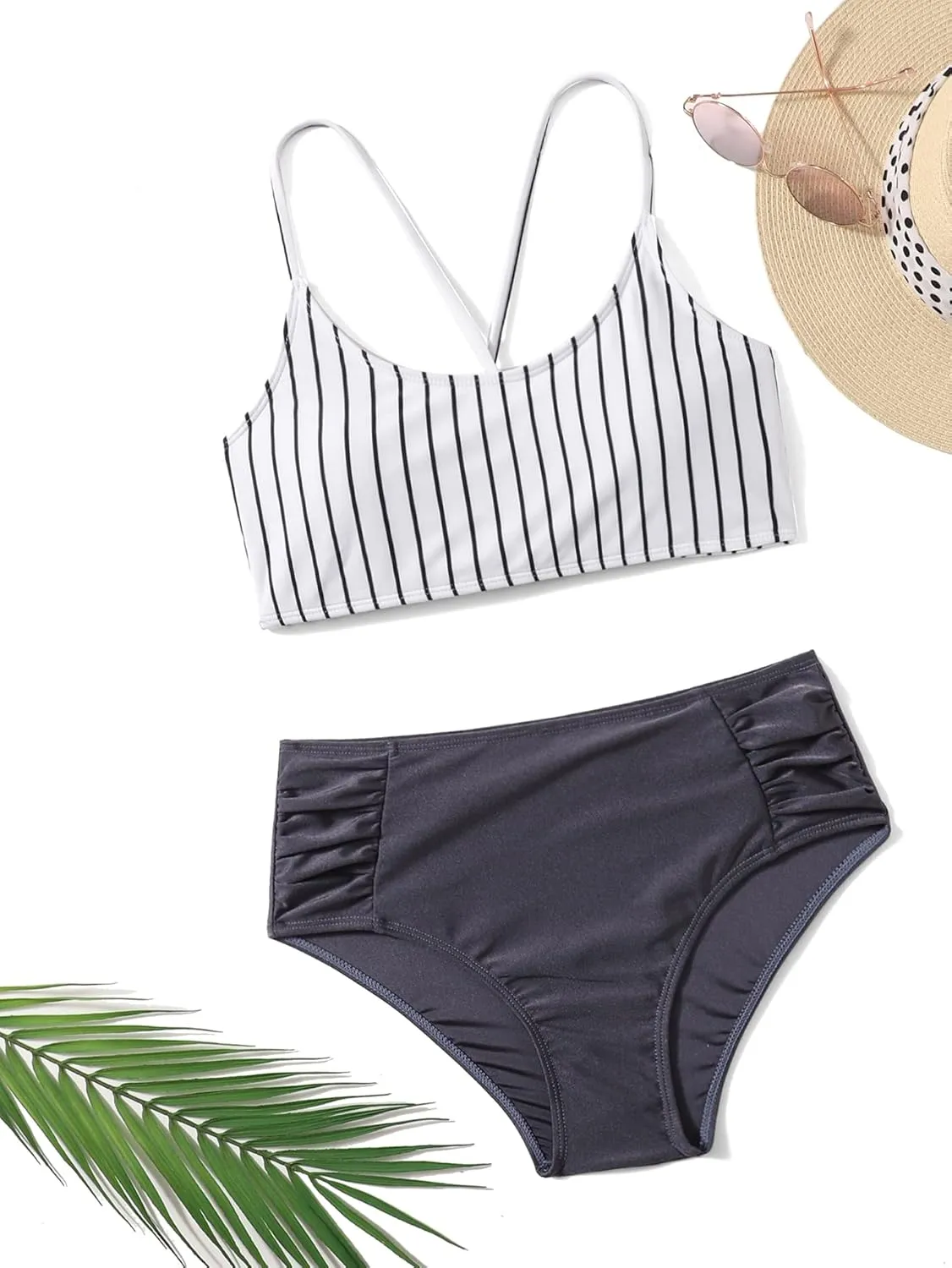 SweatyRocks Women's Bathing Suits Striped Criss Cross Bikini Set High Waisted Swimsuits
