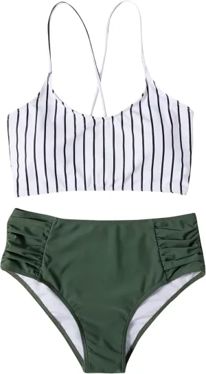 SweatyRocks Women's Bathing Suits Striped Criss Cross Bikini Set High Waisted Swimsuits