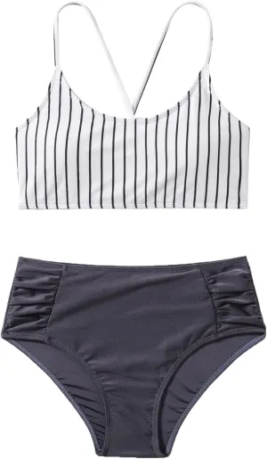 SweatyRocks Women's Bathing Suits Striped Criss Cross Bikini Set High Waisted Swimsuits