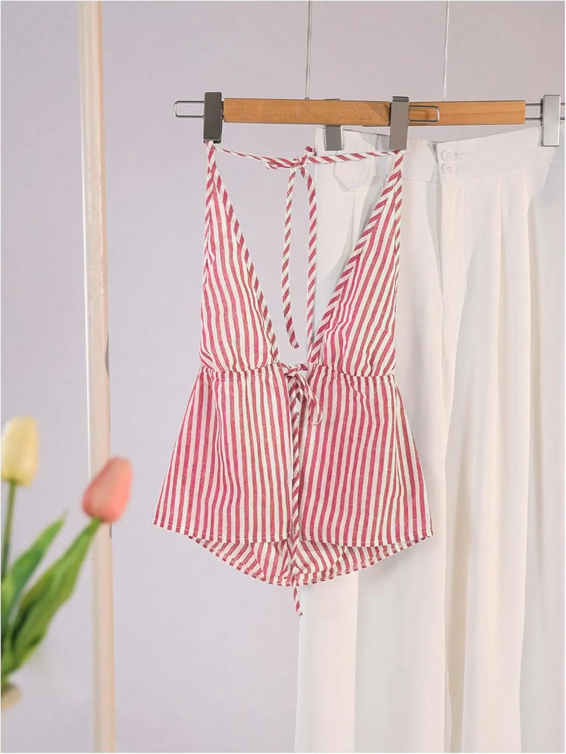 SweatyRocks Women's Sexy Striped Tie Front Halter Tops Sleeveless Drawstring Summer Cami Tops