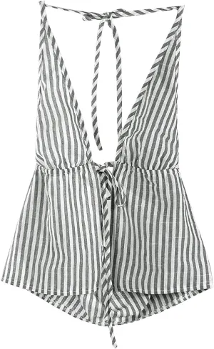 SweatyRocks Women's Sexy Striped Tie Front Halter Tops Sleeveless Drawstring Summer Cami Tops