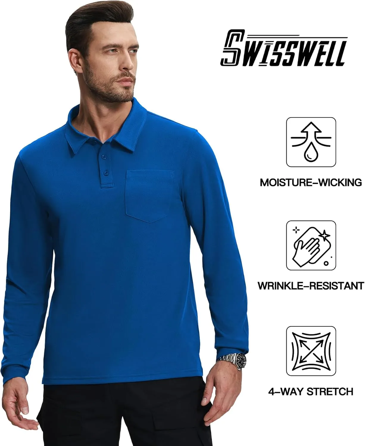 SWISSWELL Long Sleeve Polo Shirts for Men with Pocket 3 Pack Collared Moisture Wicking Performance Golf Shirts