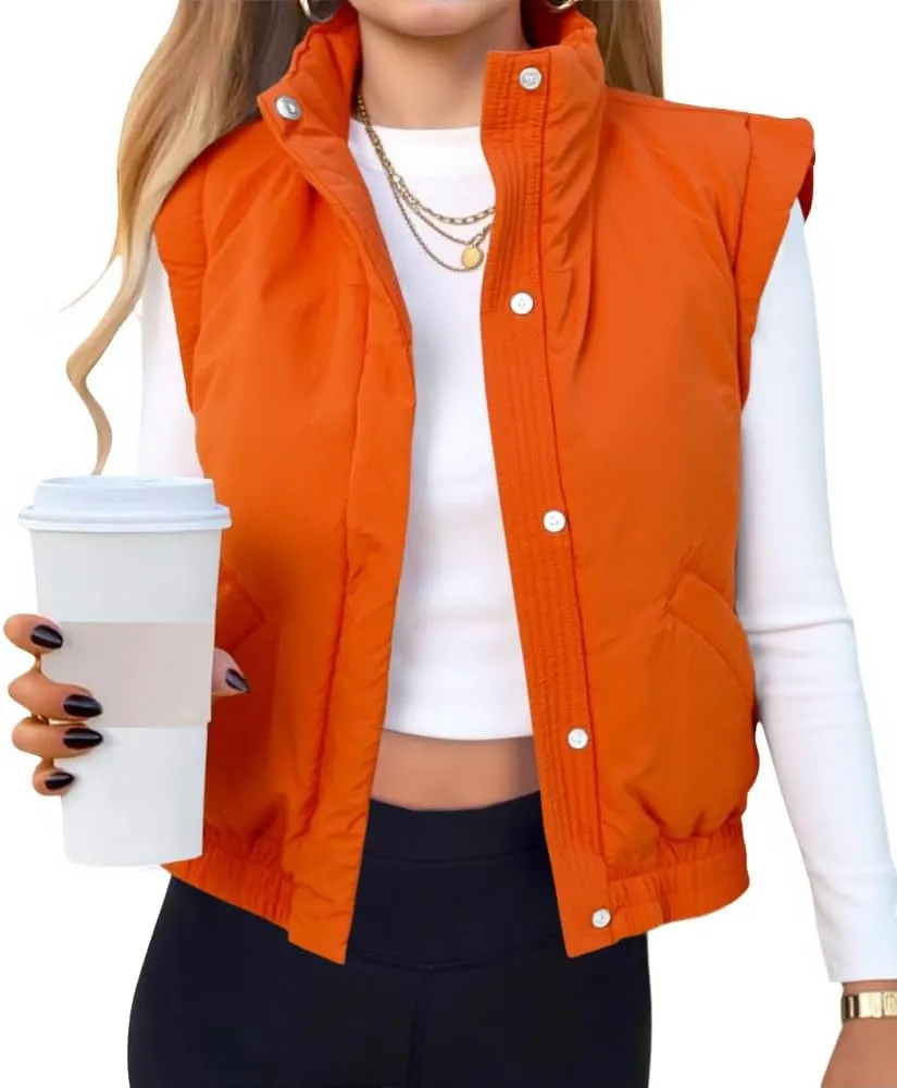 Tankaneo Womens Cropped Puffer Vest Lightweight Quilted Jacket Sleeveless Button Down Fall Winter Padded Gilet Coat