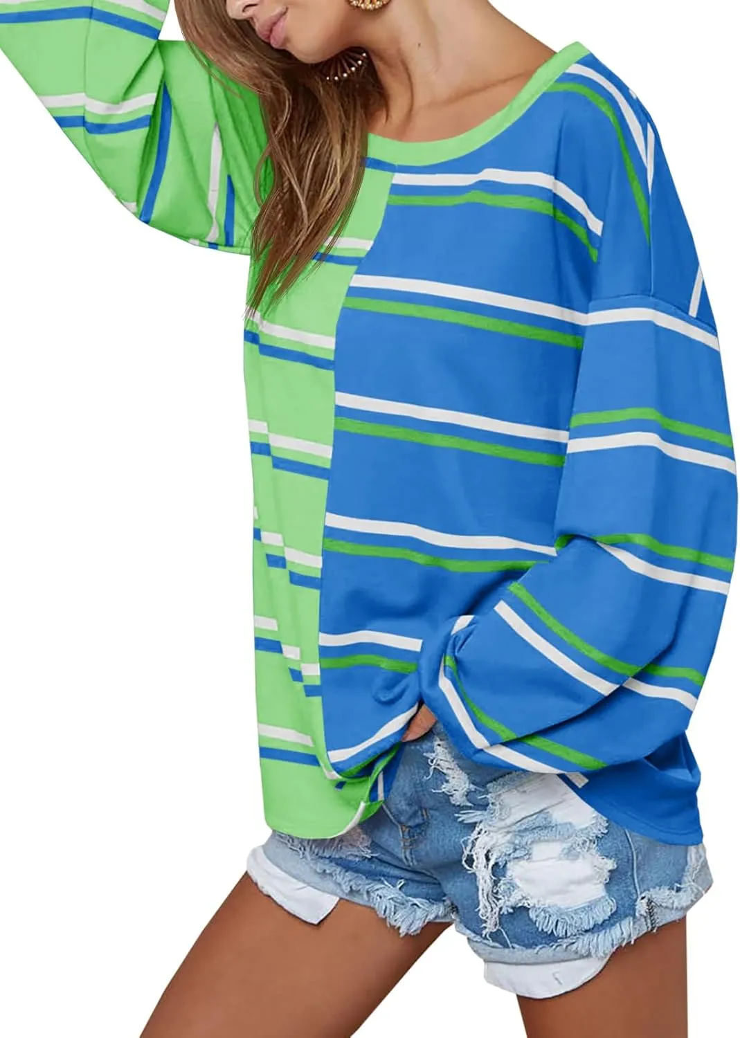 Tankaneo Womens Striped Tunic Tops Oversized Long Sleeve Round Neck T Shirts Fall Casual Sweatshirts