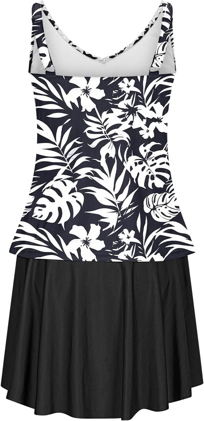 Tankini Swimsuits for Women Tummy Control Blouson Swim Top with Skirt Two Piece Bathing Suits Modest Swimwear