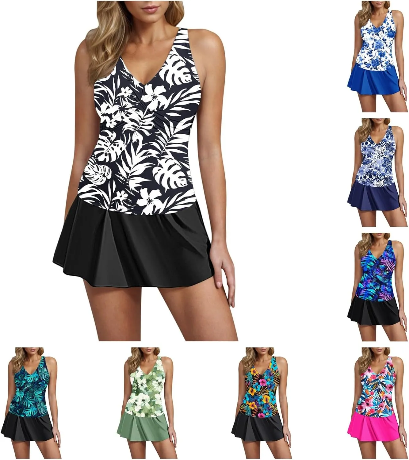 Tankini Swimsuits for Women Tummy Control Blouson Swim Top with Skirt Two Piece Bathing Suits Modest Swimwear