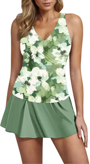 Tankini Swimsuits for Women Tummy Control Blouson Swim Top with Skirt Two Piece Bathing Suits Modest Swimwear