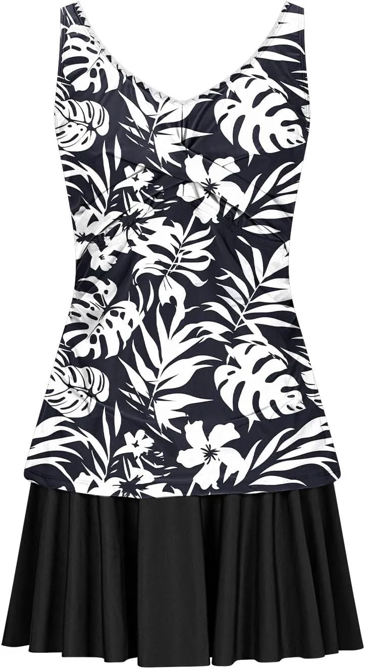 Tankini Swimsuits for Women Tummy Control Blouson Swim Top with Skirt Two Piece Bathing Suits Modest Swimwear