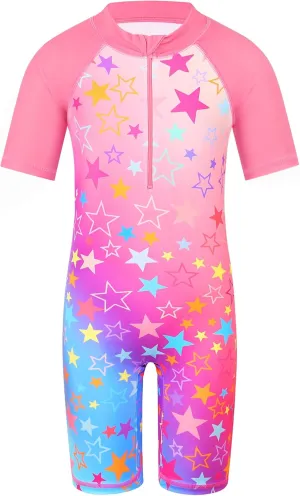 TFJH E Short Sleeve Girls Swimsuits UV 50  One Pieces Bathing Suits Zipper 2-14Y