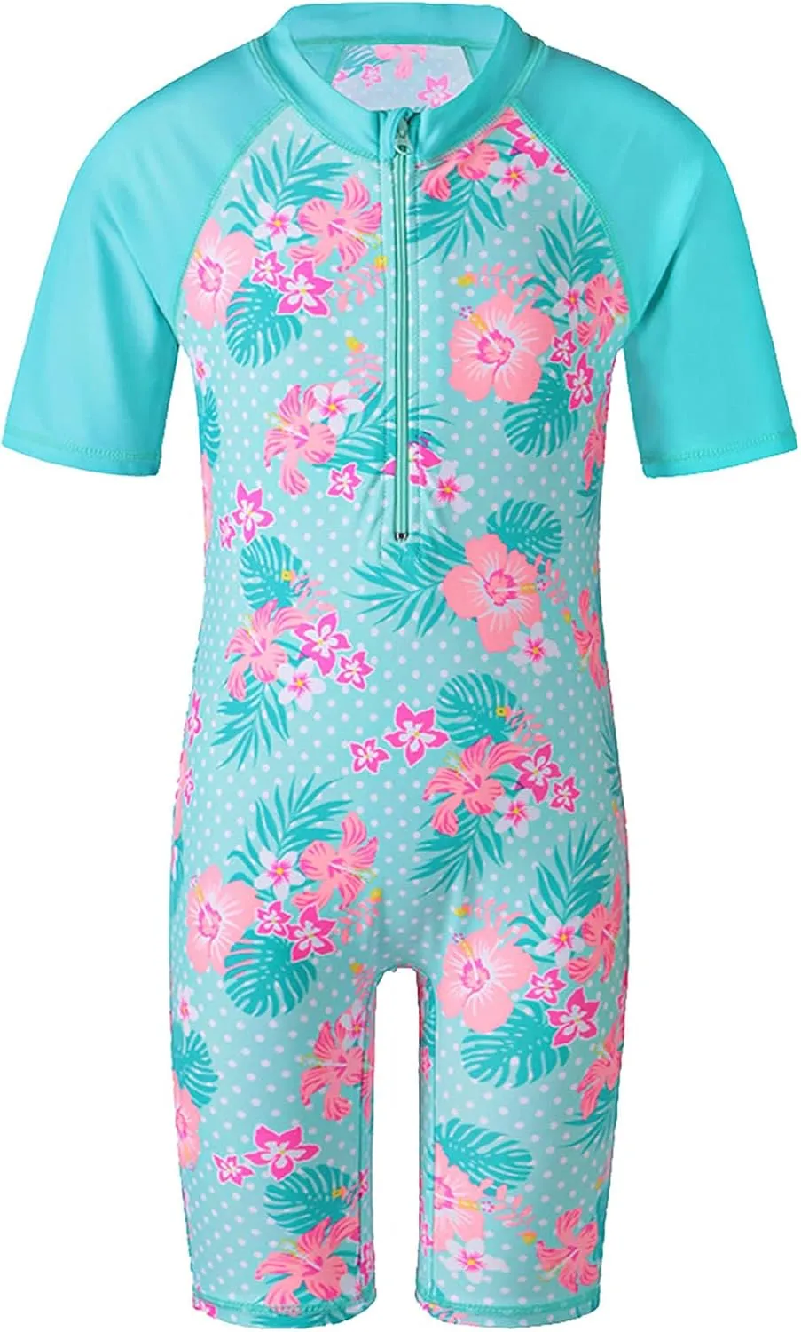 TFJH E Short Sleeve Girls Swimsuits UV 50  One Pieces Bathing Suits Zipper 2-14Y
