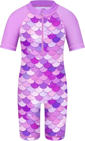 TFJH E Short Sleeve Girls Swimsuits UV 50  One Pieces Bathing Suits Zipper 2-14Y