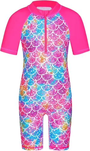 TFJH E Short Sleeve Girls Swimsuits UV 50  One Pieces Bathing Suits Zipper 2-14Y