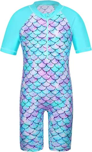 TFJH E Short Sleeve Girls Swimsuits UV 50  One Pieces Bathing Suits Zipper 2-14Y