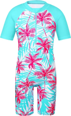 TFJH E Short Sleeve Girls Swimsuits UV 50  One Pieces Bathing Suits Zipper 2-14Y