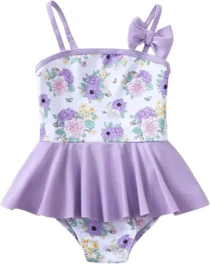 Toddler Swimsuit Girl Baby Girl Bathing Suit Cute Floral Ruffle Tankini Swimsuit Sleeveless One Piece Swimwear