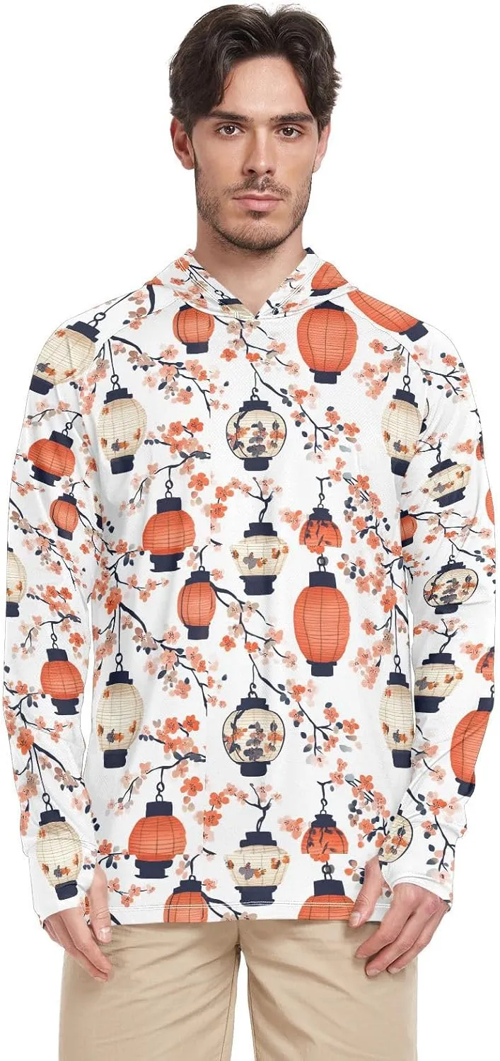 Ukiyo-e Style Lantern Flowers Mens Sun Hoodie Shirts UV Protection Long Sleeve UPF 50   Mens Sun Shirts Quick Dry Rash Guard Shirts Sun Proof Shirts Camisas para Hombres Manga Larga de