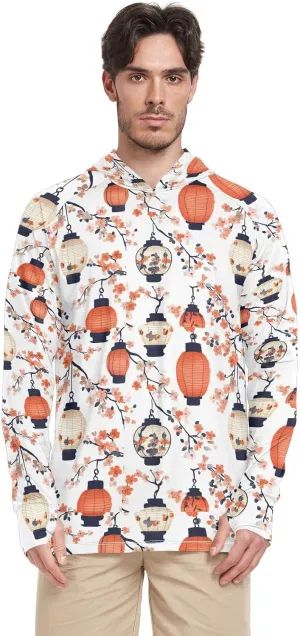 Ukiyo-e Style Lantern Flowers Mens Sun Hoodie Shirts UV Protection Long Sleeve UPF 50   Mens Sun Shirts Quick Dry Rash Guard Shirts Sun Proof Shirts Camisas para Hombres Manga Larga de