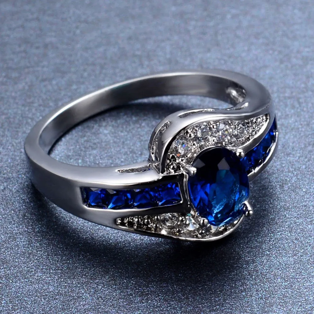 Unique Jewelry Blue Oval Zircon Stone Ring White Gold Filled Wedding Engagement Rings For Women Men